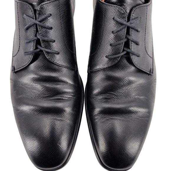 Prada Italian Saffiano Black Leather Dress Shoes Mens 8.5 Luxury Formal Oxfords - Picture 2 of 14